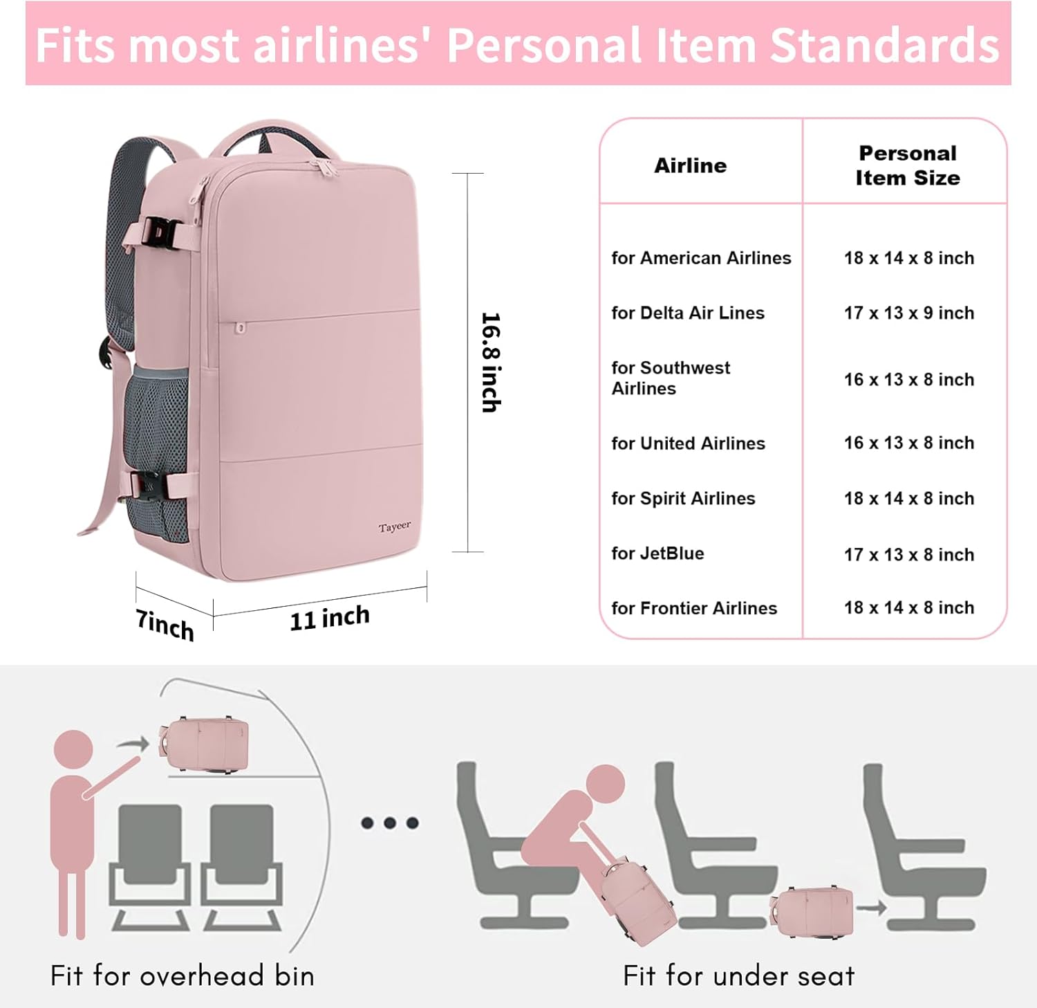 Taygeer Travel Backpack for Women, TSA Carry On Backpack Flight Approved | 15.6inch Laptop Mochila with Water Bottle Pocket & Shoe Pouch, Nurse Bag Casual Daypack for Weekender Business Hiking, Pink - Image 3