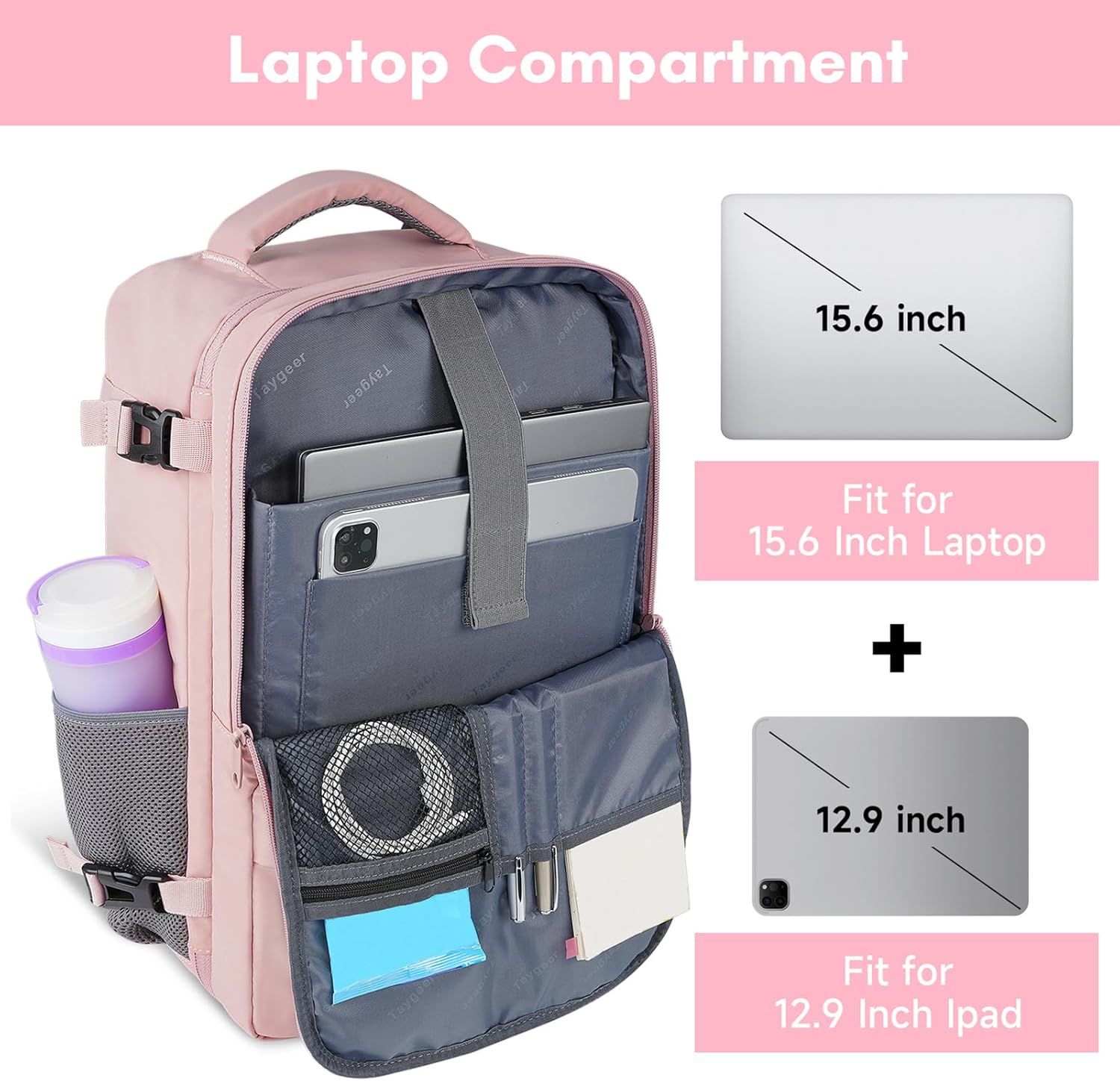 Taygeer Travel Backpack for Women, TSA Carry On Backpack Flight Approved | 15.6inch Laptop Mochila with Water Bottle Pocket & Shoe Pouch, Nurse Bag Casual Daypack for Weekender Business Hiking, Pink - Image 5