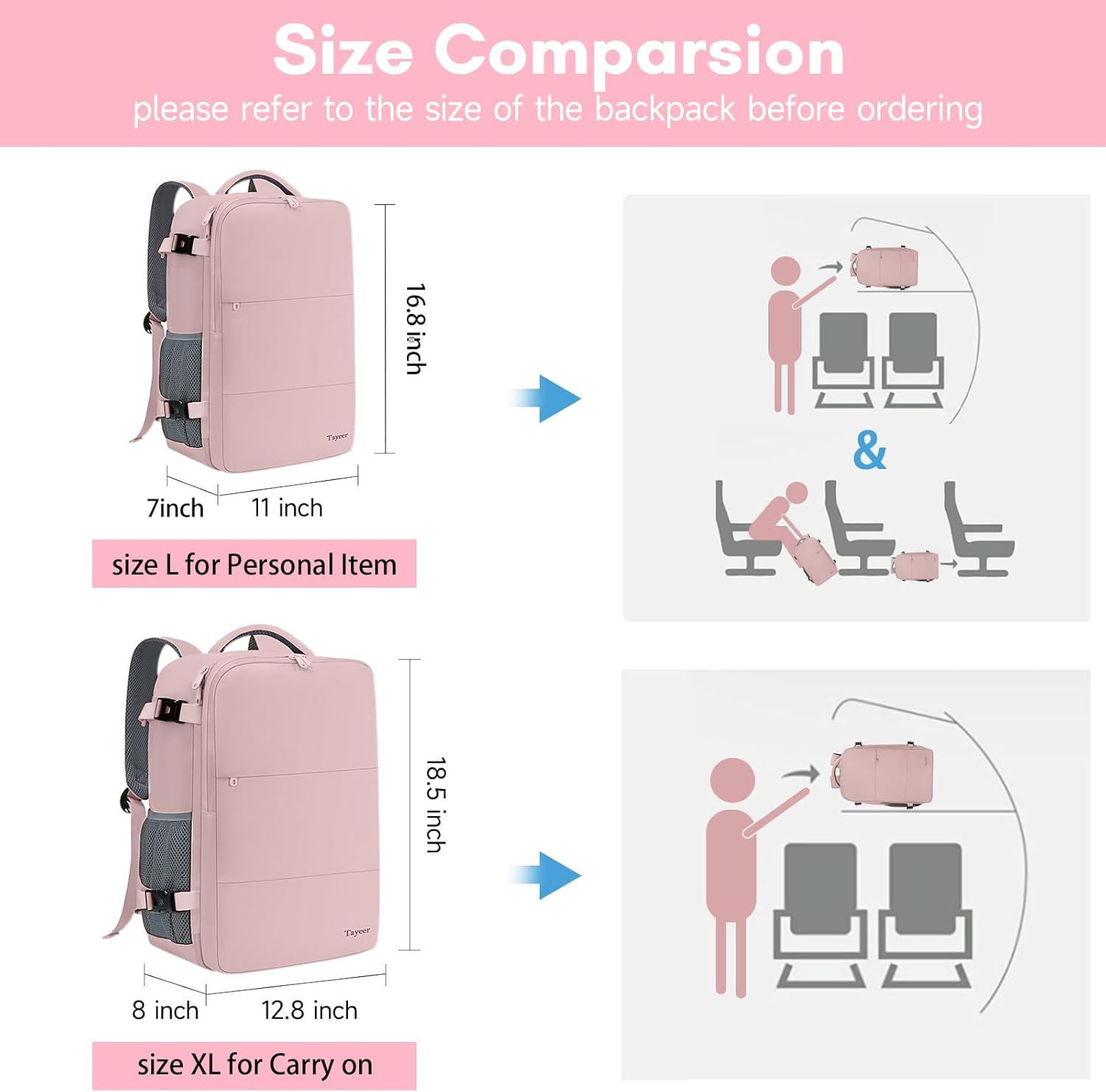 Taygeer Travel Backpack for Women, TSA Carry On Backpack Flight Approved | 15.6inch Laptop Mochila with Water Bottle Pocket & Shoe Pouch, Nurse Bag Casual Daypack for Weekender Business Hiking, Pink - Image 6