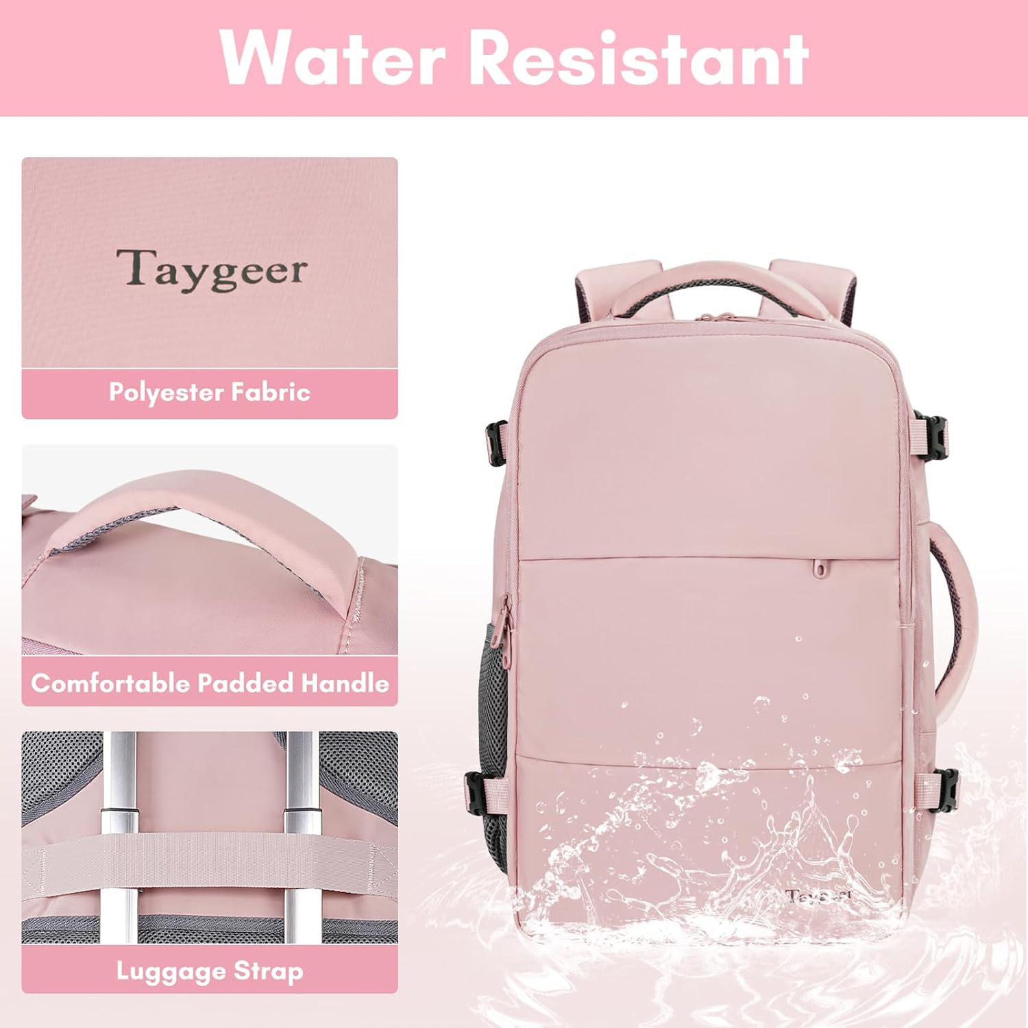 Taygeer Travel Backpack for Women, TSA Carry On Backpack Flight Approved | 15.6inch Laptop Mochila with Water Bottle Pocket & Shoe Pouch, Nurse Bag Casual Daypack for Weekender Business Hiking, Pink - Image 7