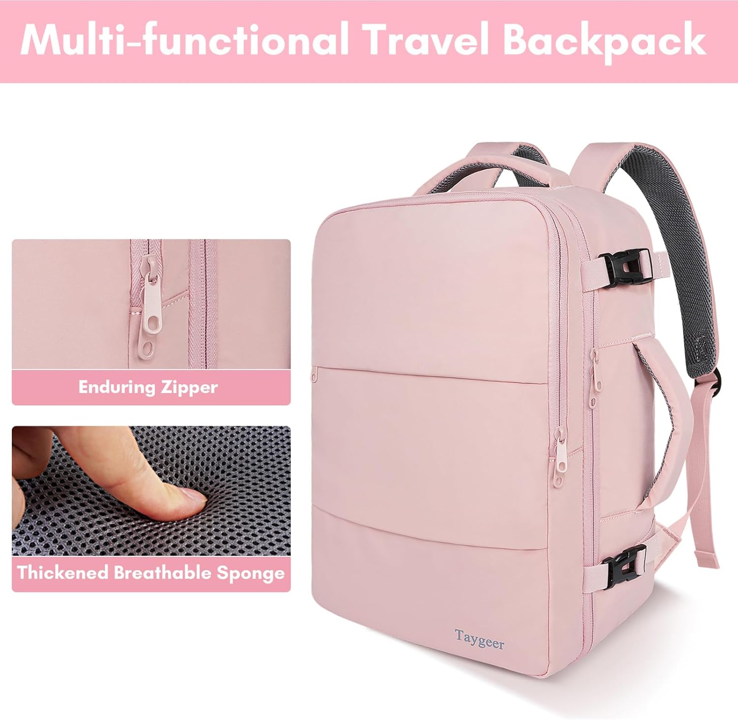 Taygeer Travel Backpack for Women, TSA Carry On Backpack Flight Approved | 15.6inch Laptop Mochila with Water Bottle Pocket & Shoe Pouch, Nurse Bag Casual Daypack for Weekender Business Hiking, Pink - Image 8